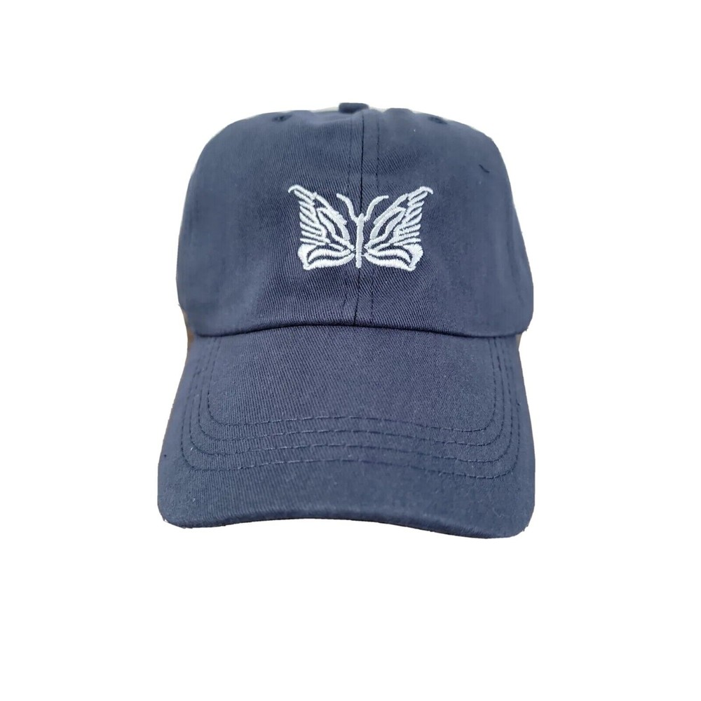 Butterfly Embroidered Retro Cap Strapback Solid Soft Top Hat Unisex Blue